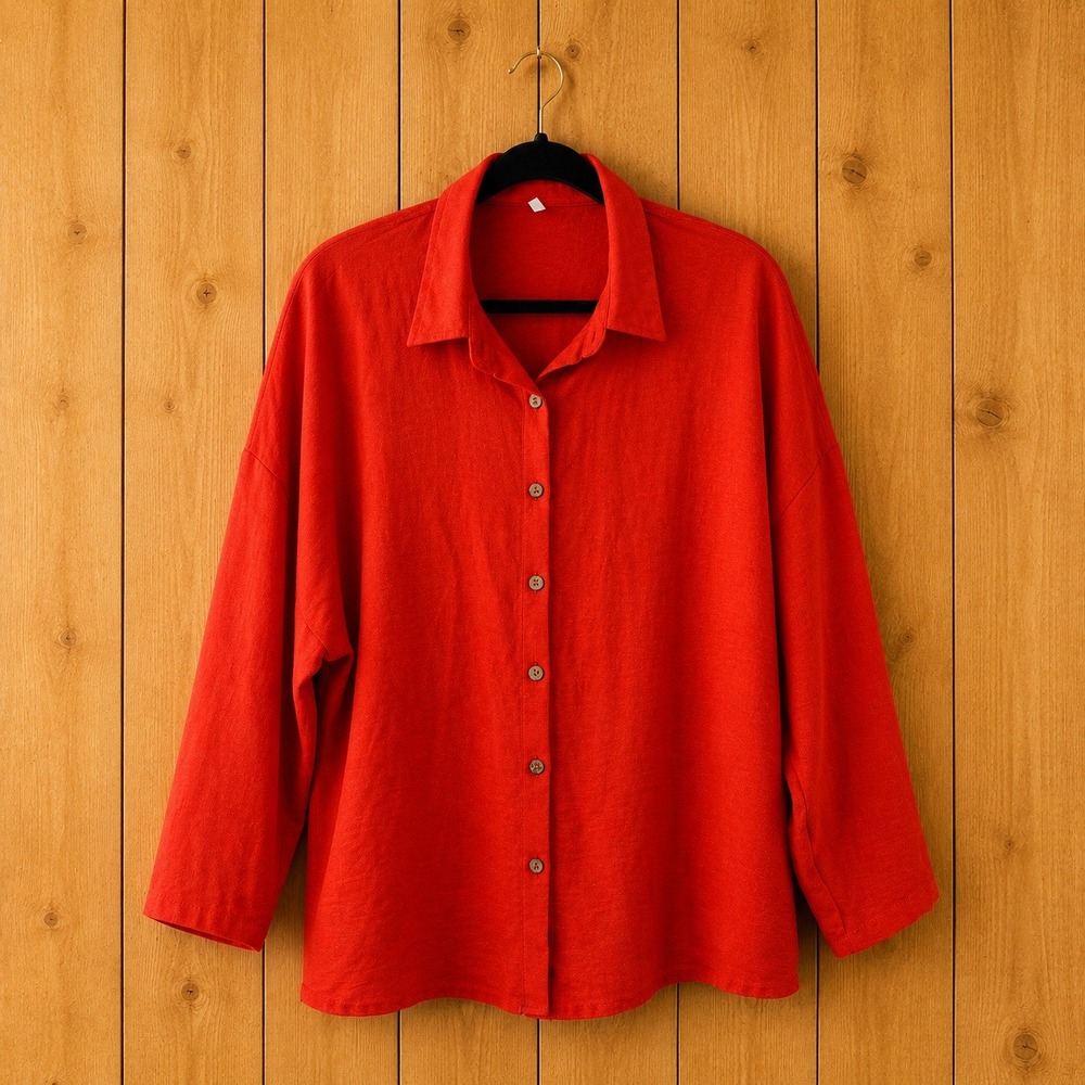 Womens Orange Red Textured Button Down Shirt Relaxed Fit Long Sleeve Blouse